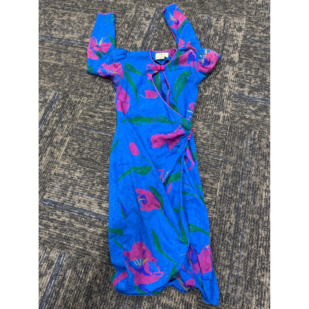 Vintage Flora Kung Silk Floral Jacquard Midi Dress Blue Pink Tulip 80s Size 2